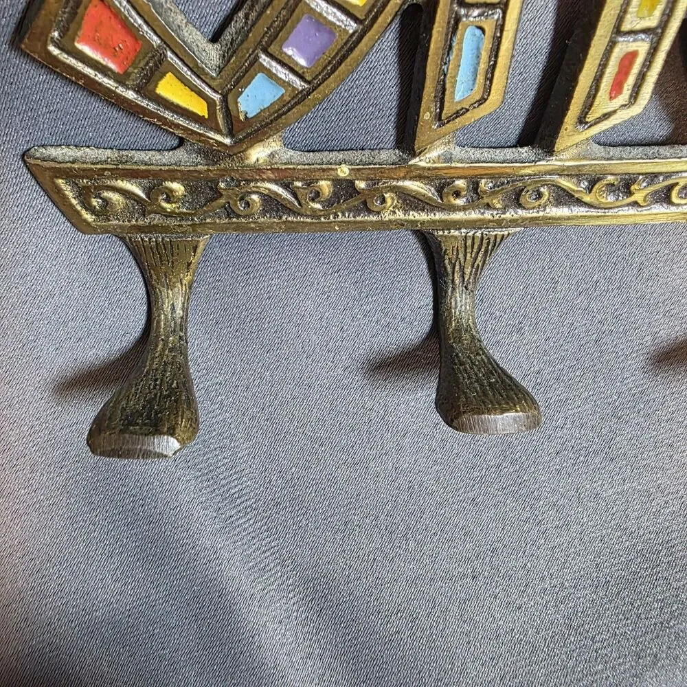 Vintage Brass SHALOM Jewish Jerusalem 5 Hook Key Holder Hanger Wall Hanging